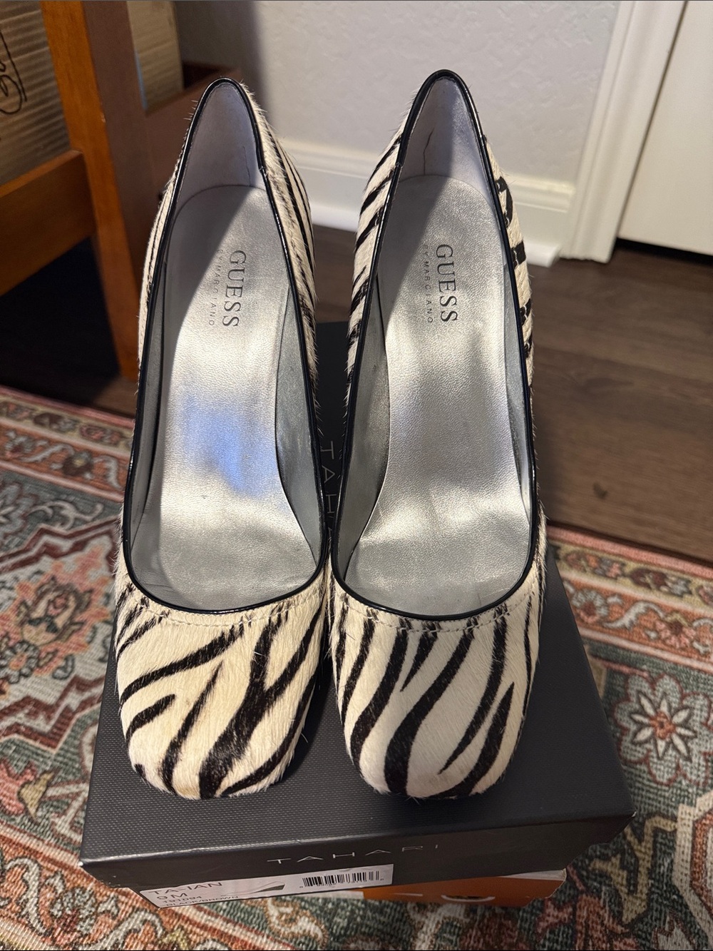 GUESS Zebra-Print Round Toe Heels in Black and White